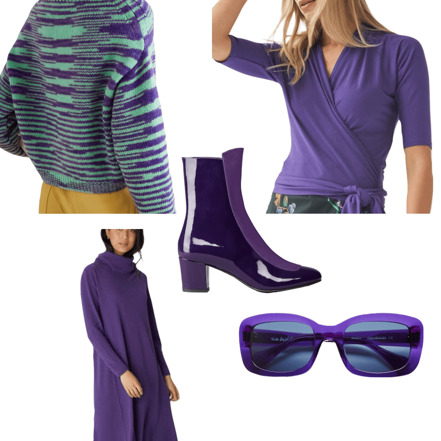 Ops&Ops No16 Purple Duo with striped knit, tie-waist top, knee-length dress and sunglasses