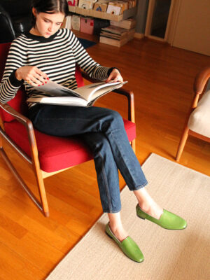 No10 Avocado patent loafers, with black top stitch and sole, teamed with jeans and mono-stripe sweater