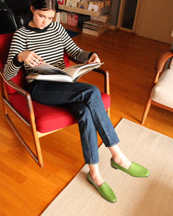No10 Avocado patent loafers, with black top stitch and sole, teamed with jeans and mono-stripe sweater