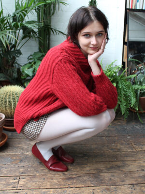No10 Claret leather loafers worn with check mini skirt and chunky sweater