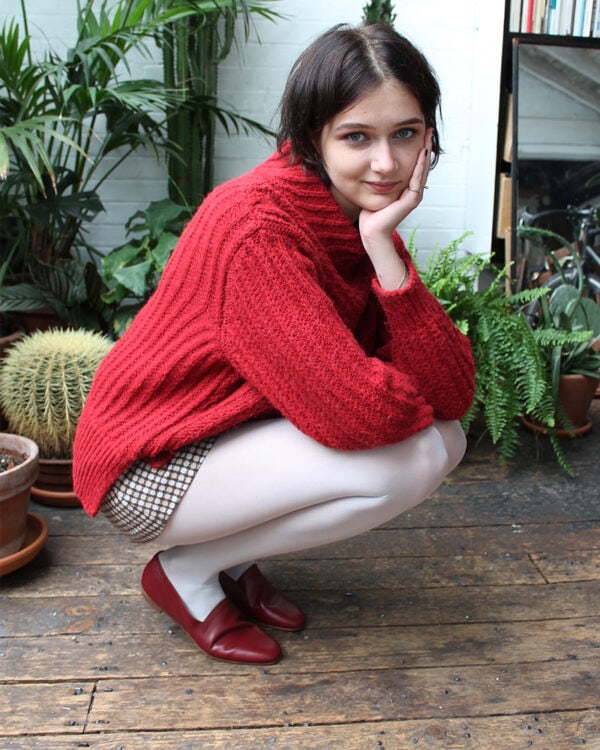 No10 Claret leather loafers worn with check mini skirt and chunky sweater