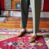 No10 Toffee suede loafers paired with sage green cigarette style pants
