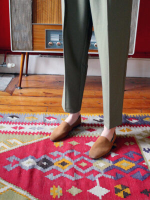 No10 Toffee suede loafers paired with sage green cigarette style pants