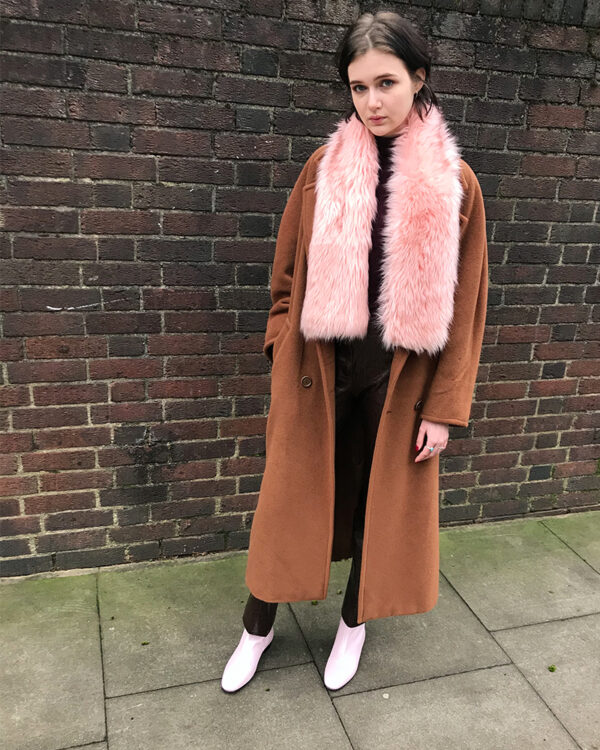 No12 Pink Frost pearlised leather boots with pink faux fur sarf ad tobacco-coloured coat