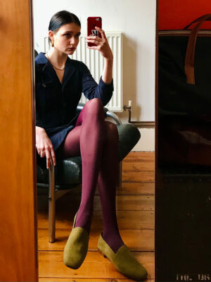 Reflection: No17 Olive nubuck loafers worn with purple tights and dark dress