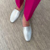 Ops&Ops No11 Sterling Silver block heels styled with fuchisia pink ankle-skimming trousers