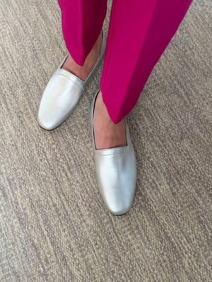 Ops&Ops No11 Sterling Silver block heels styled with fuchisia pink ankle-skimming trousers