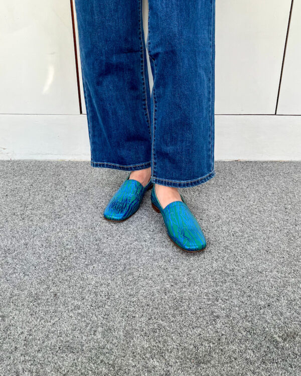 Ops&Ops No17 Woodland Green flats, worn with loose fitting indigo denim jeans