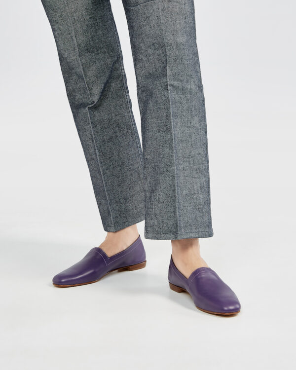 Ops&Ops No10 Royal Purple flats styled with grey marl trousers