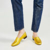 Marla in Ops&Ops No11 Yellow Gold block heels and jeans