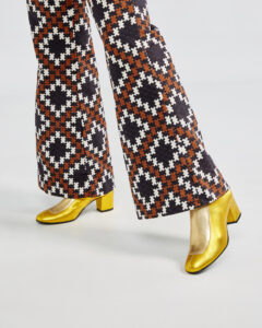 Ops&Ops No16 Gold Duo metallic leather boot worn with vintage patterned boot-cut trousers