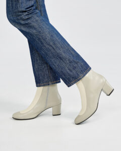 Ops&Ops No16 Modern Grey boot in grey and ivory smooth leather with jeans, side view