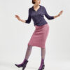 Marla in Ops&Ops No16 Purple Duo boots, dusky pink knitted skirt and purple lurex sweater