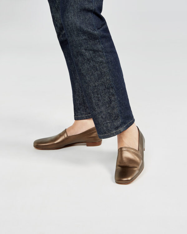 Ops&Ops No17 Bronze metallic leather loafers worn with dark-denim jeans