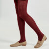 Marla in Ops&Ops No17 Mushroom flats with burgundy knitted tights and short, flared black skirt from the side