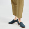 Marla in Ops&Ops No17 Petrol nubuck flats with fawn-coloured trousers