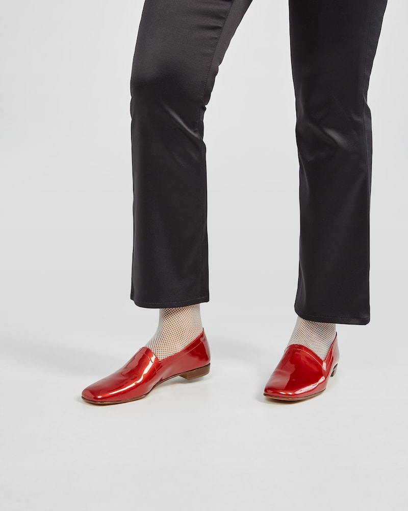 Ops&Ops No17 Ruby patent leather loafers worn with black satin trousers