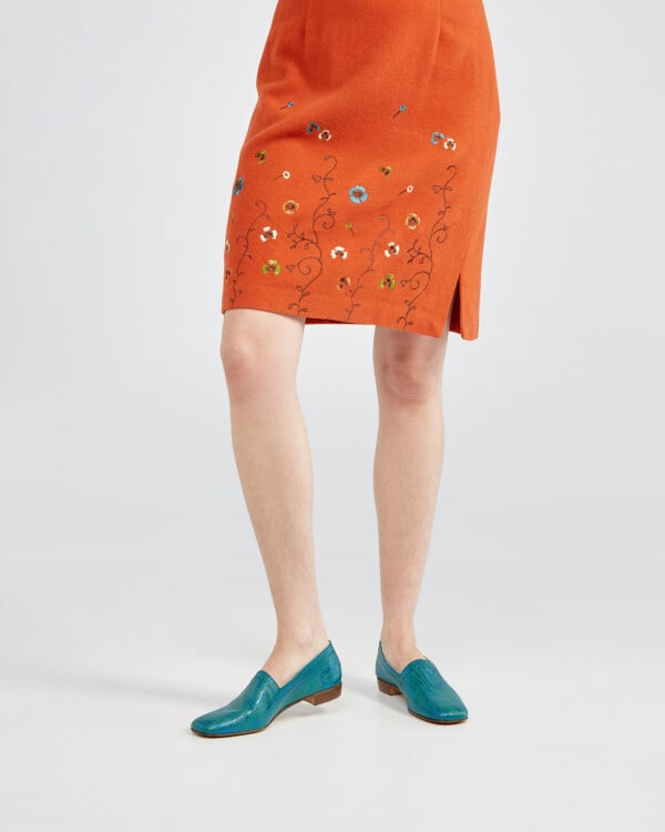 Marla in Ops&Ops No17 Woodland Green flats with vintage Pierre Cardin orange embroidered skirt