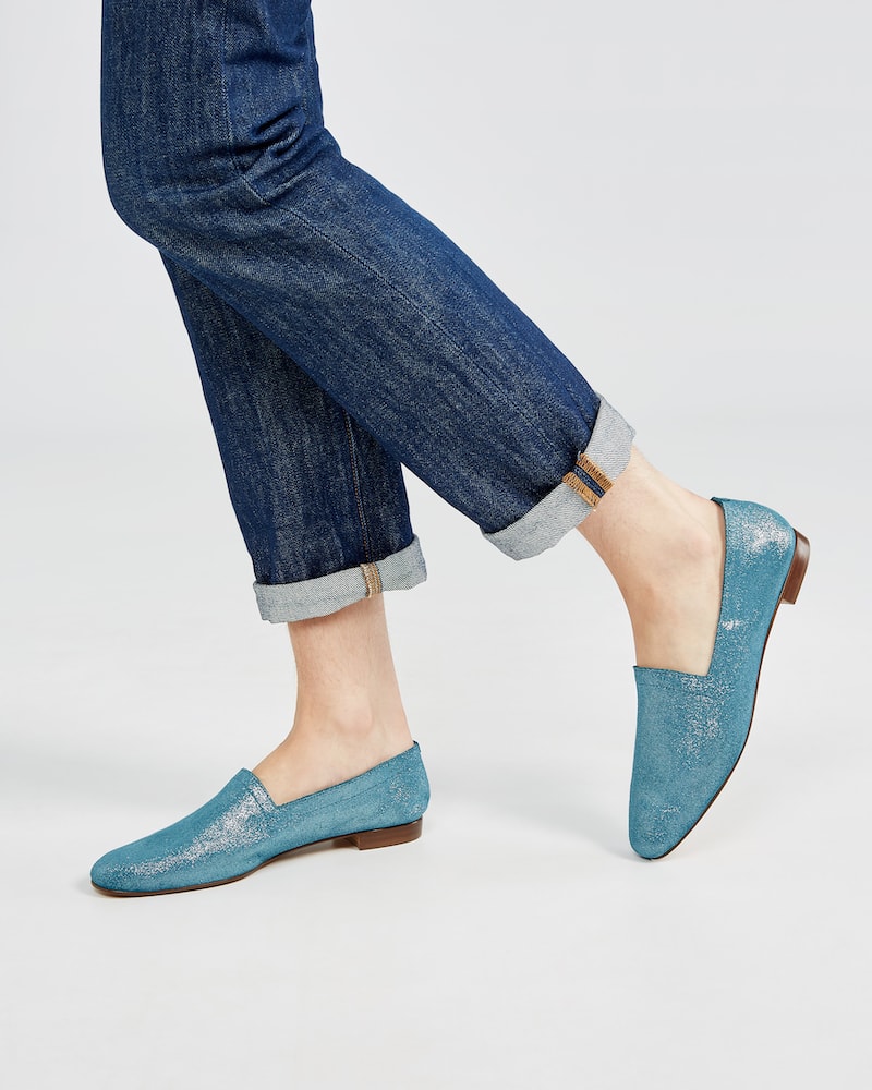 Marla in Ops&Ops No10 Lurex Blue flats with dark denim jeans with turn-up