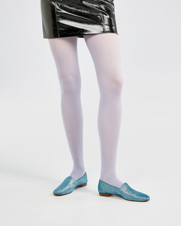 Marla in Ops&Ops No10 Lurex Blue flats with white tights and black vinyl mini