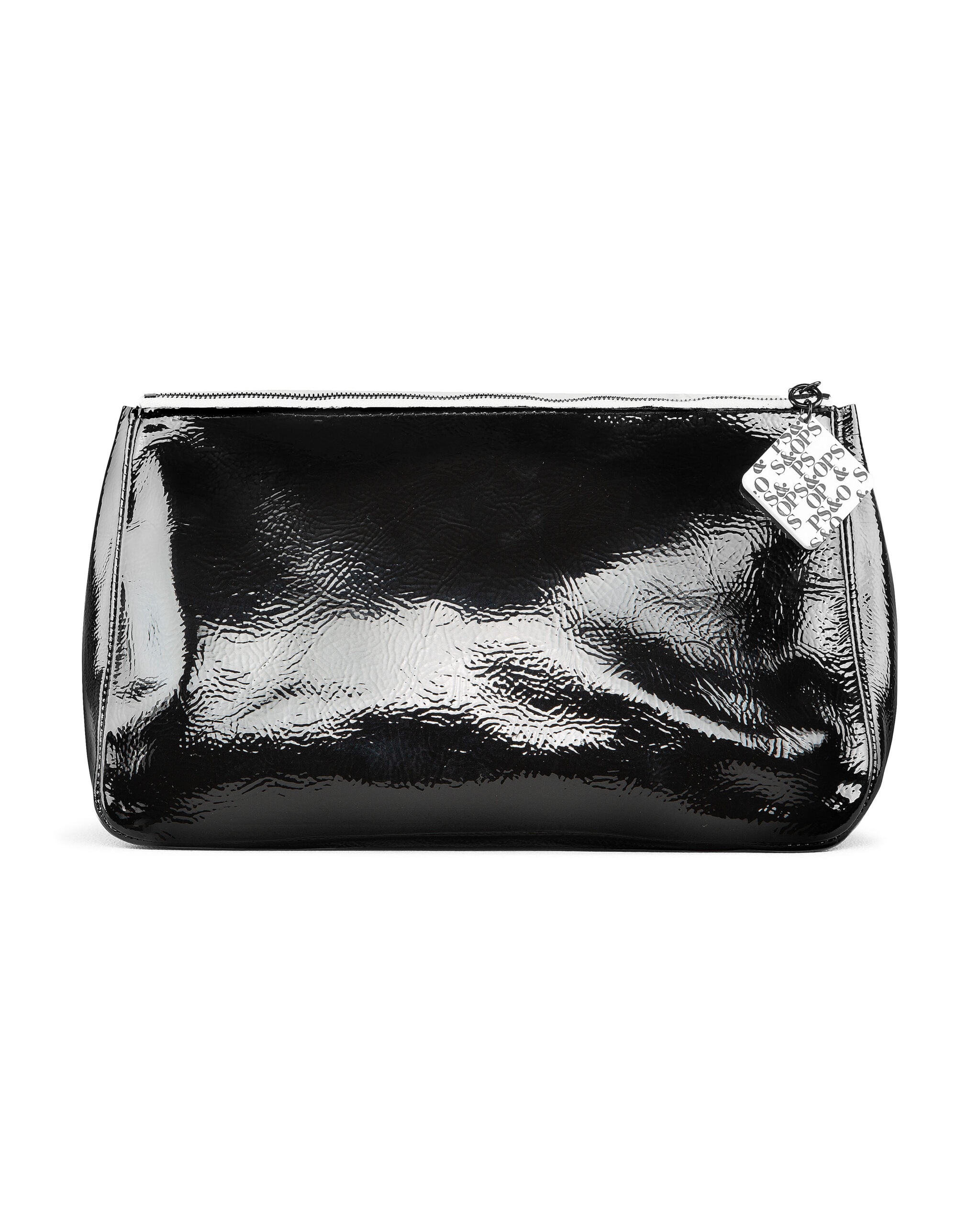 Ops&Ops No101 Liquorice patent leather clutch with Tatty Devine made black on white zip pull