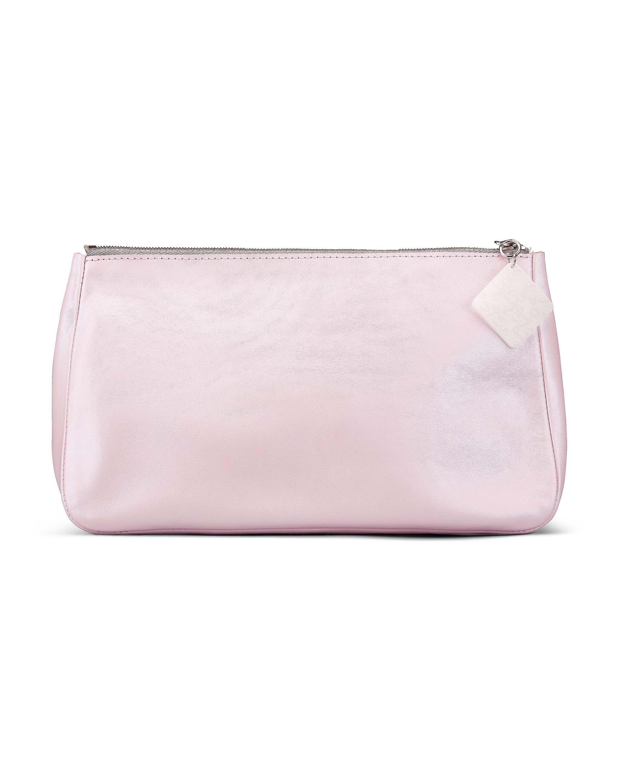Ops&Ops No101 Pink Frost pearlised leather clutch with Tatty Devine made white on pink zip pull