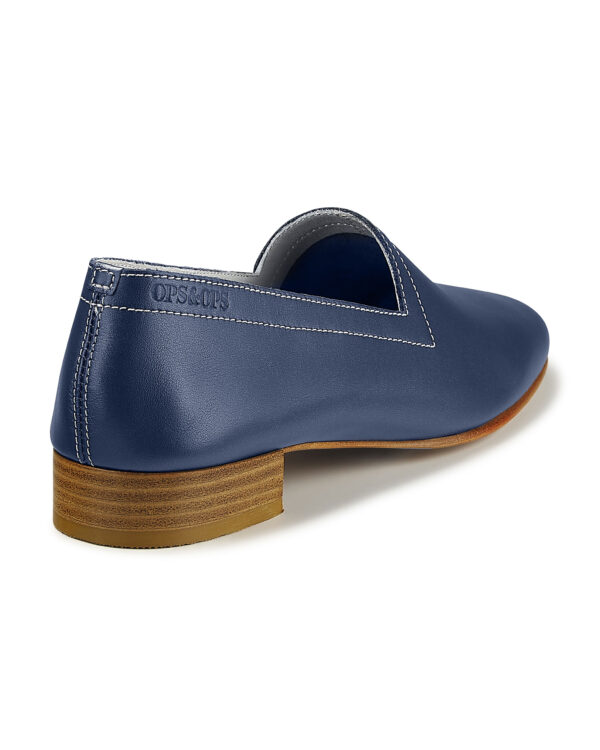 Ops&Ops No11 Nautical Navy leather with ivory contrast stitch block-heel loafers, back view