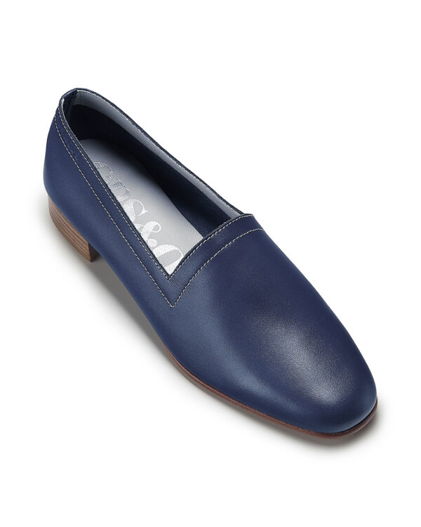 Ops&Ops No11 Nautical Navy leather with ivory contrast stitch block-heel loafers, angle