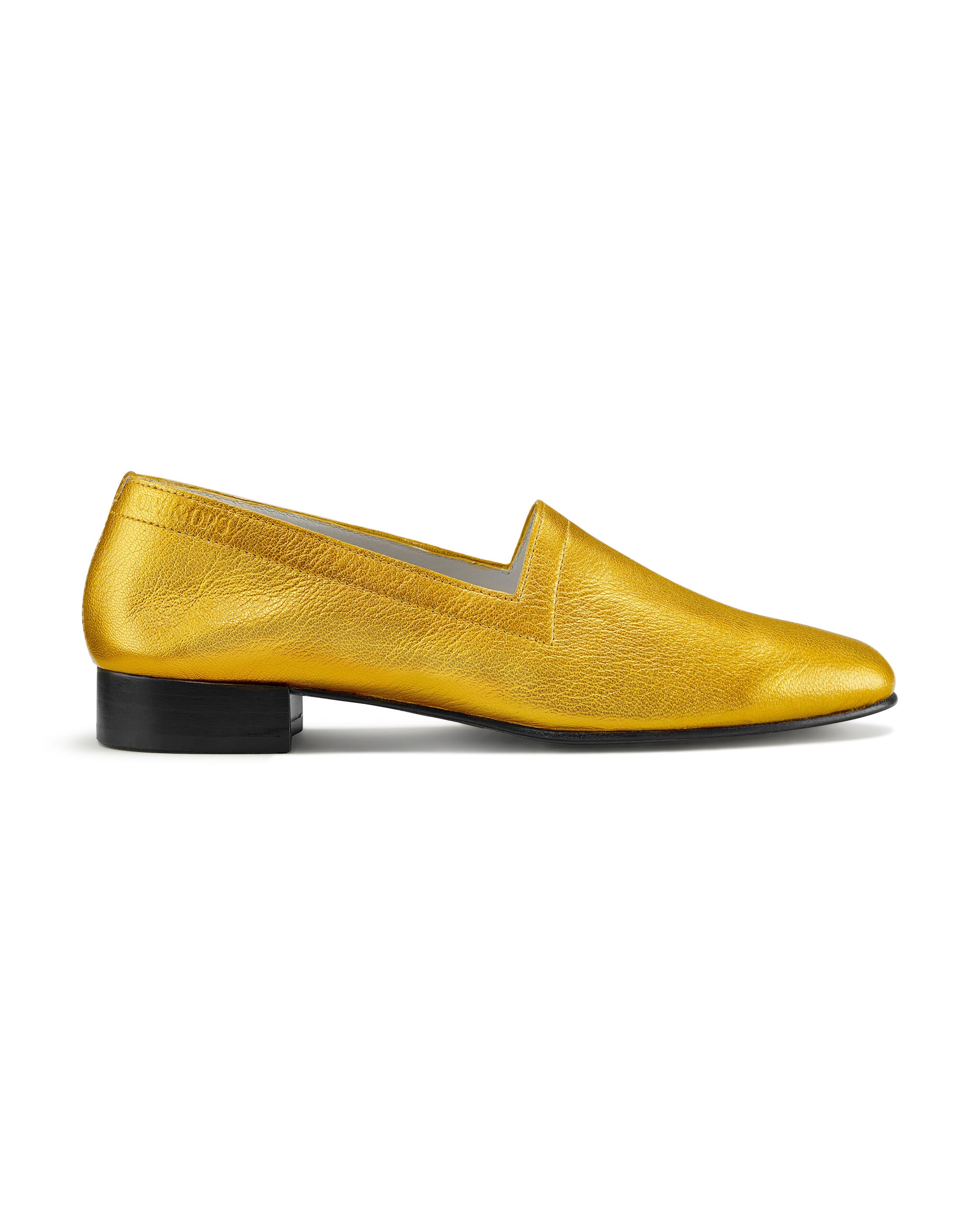 Ops&Ops No11 Yellow Gold metallic leather block-heel loafer, side view