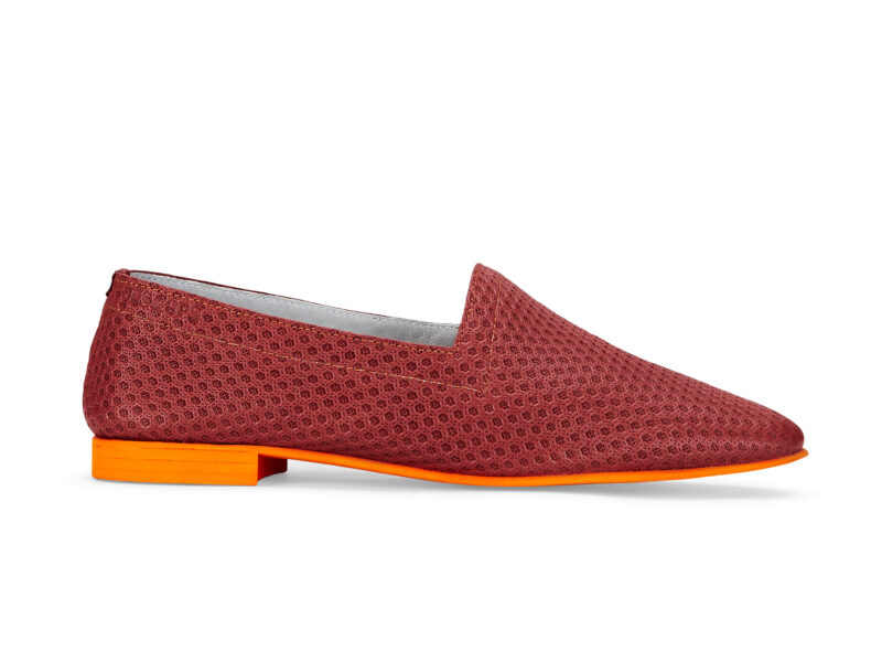 Ops&Ops No10 Action Red perforated leather flats with orange manmade sole and heel, side view