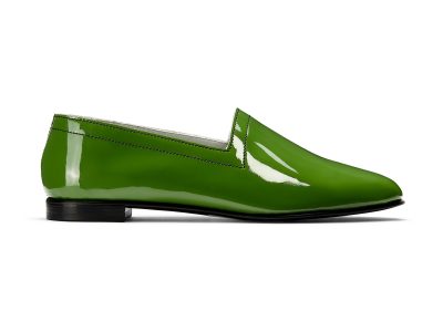 No10 Avocado side Ops&Ops No10 Avocado patent leather flats, with black manmade sole and heel, side view