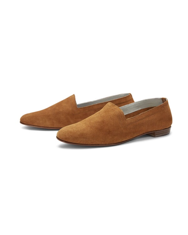 Ops&Ops No10 Toffee calfskin suede flats, pair viewed from side