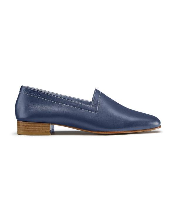 Ops&Ops No11 Nautical Navy leather with ivory contrast stitch block-heel loafers, side view