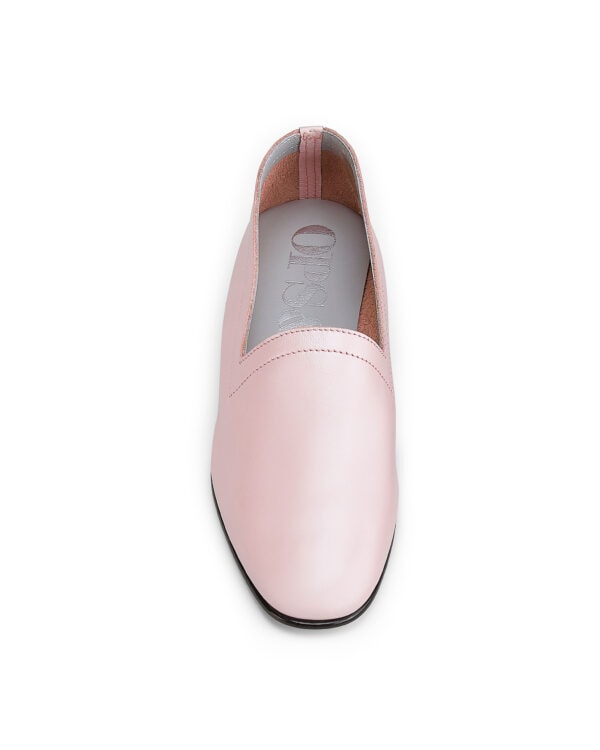Ops&Ops No11 Pink Frost pearlised leather block-heel loafers, front view