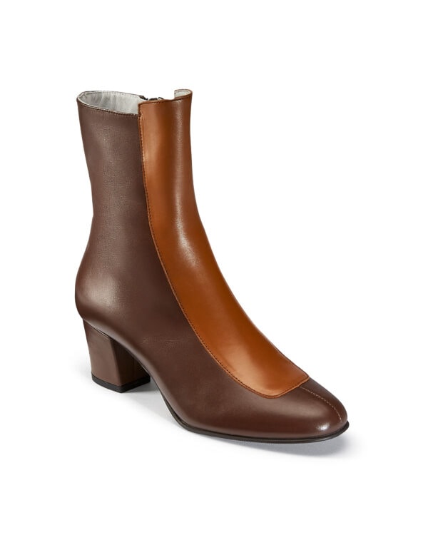 Ops&Ops No16 Curly Wurly duo-tone leather mid-heel boots, angled view