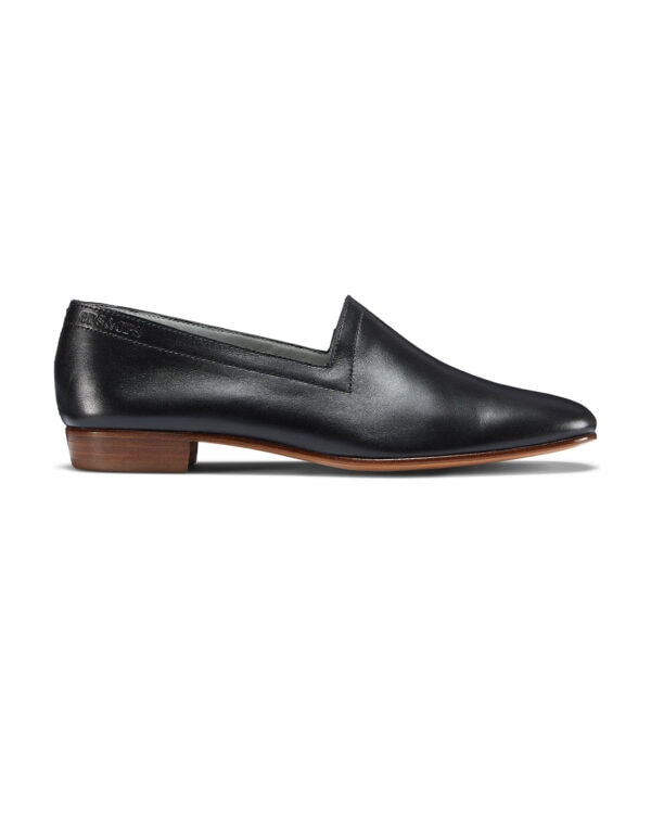 Ops&Ops No17 Classic black leather loafers, side view. Stocked in Farfalla