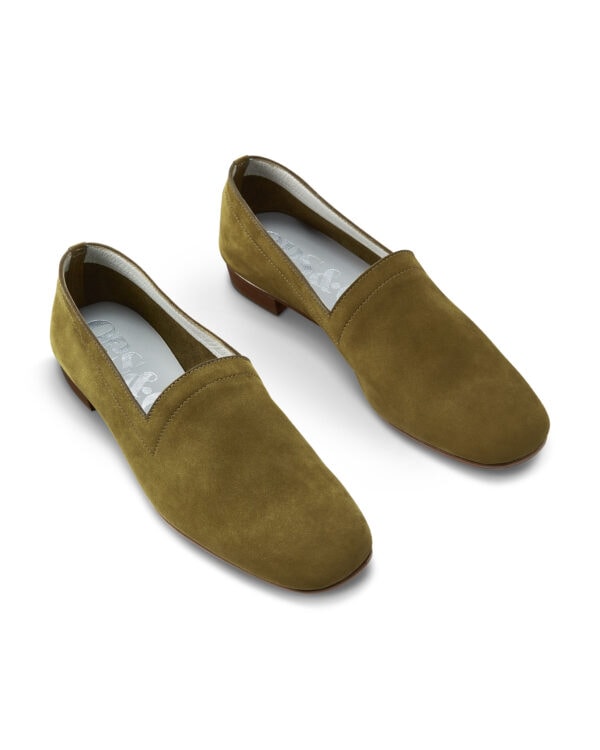 Ops&Ops No17 Olive nubuck loafers, pair viewed from the top