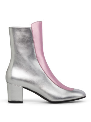 Ops&Ops No16 Silver Rose metallic leather block-heel boots, side. Stocked in Farfalla