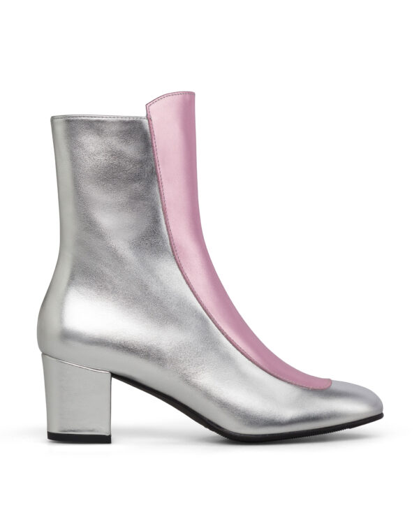 Ops&Ops No16 Silver Rose metallic leather block-heel boots, side. Stocked in Farfalla