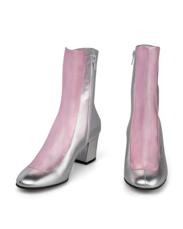 Ops&Ops No16 Silver Rose metallic leather block-heel boots, pair fviewed rom the front