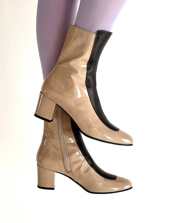 Ops&Ops No16 Sandstone Patent Leather block-heel boots worn with lilac tights