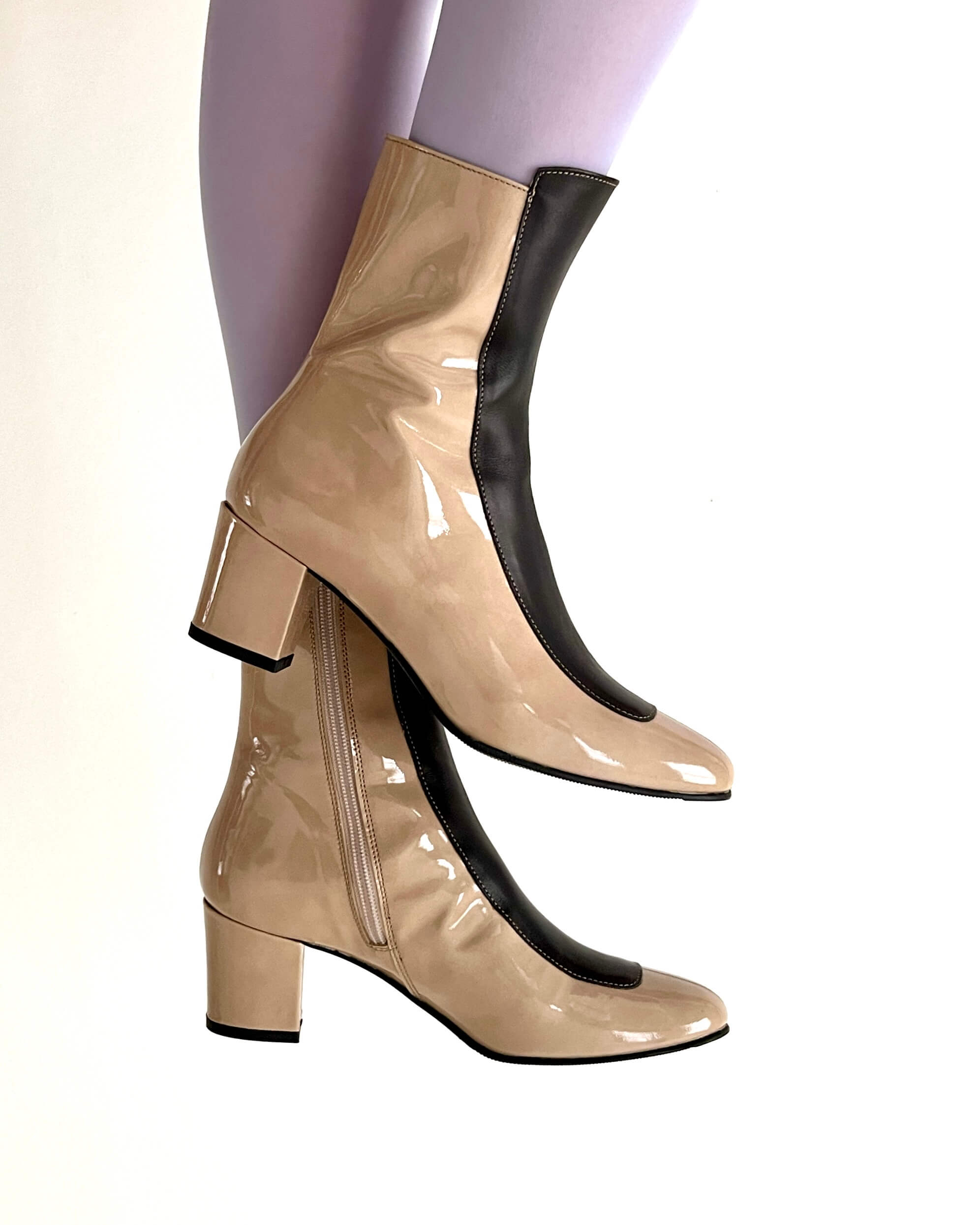 Ops&Ops No16 Sandstone Patent Leather block-heel boots worn with lilac tights