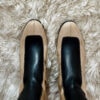Ops&Ops No16 Slick Sandstone Patent Leather block-heel boots worn standing on shaggy wool rug