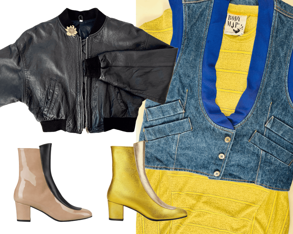 fashion 80s london: La Rocka leather jacket and Tatty Devine brroch; BodyMap tee and waistcoat, Ops&Ops No16 Slick Sandstone and Gold Duo boots