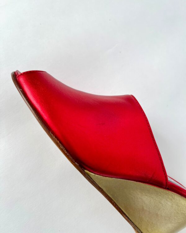 Ops&Ops No15 side view of red and gold metallic leather wedge mules