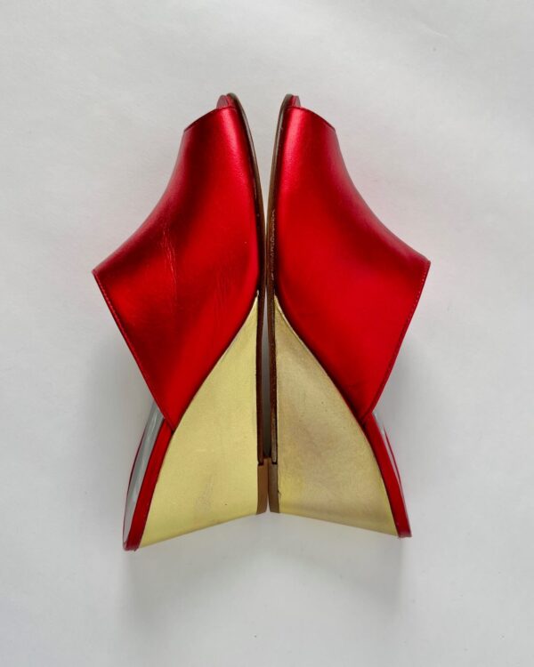 Ops&Ops No15 pair of red and gold metallic leather wedge mules with heels together