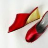 Ops&Ops No15 pair of red and gold metallic leather wedge mules one on side one from above in sample sale