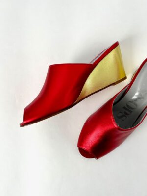 Ops&Ops No15 pair of red and gold metallic leather wedge mules one on side one from above in sample sale