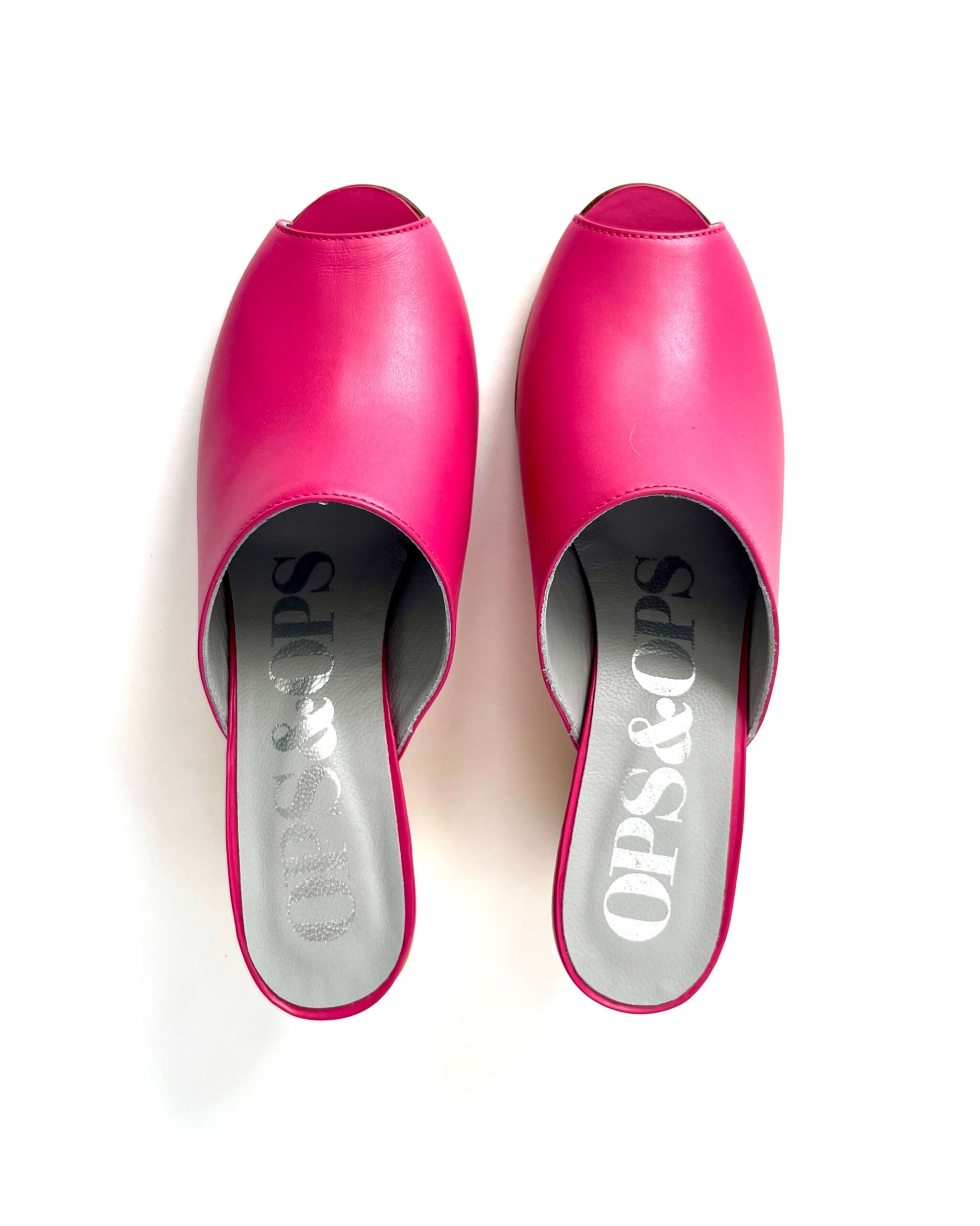 Ops&Ops No15 pink and mustard leather wedge mules, view from top, in sample sale