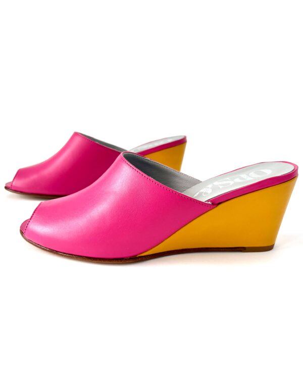 Ops&Ops No15 pair of pink and mustard leather wedge mules in sample sale